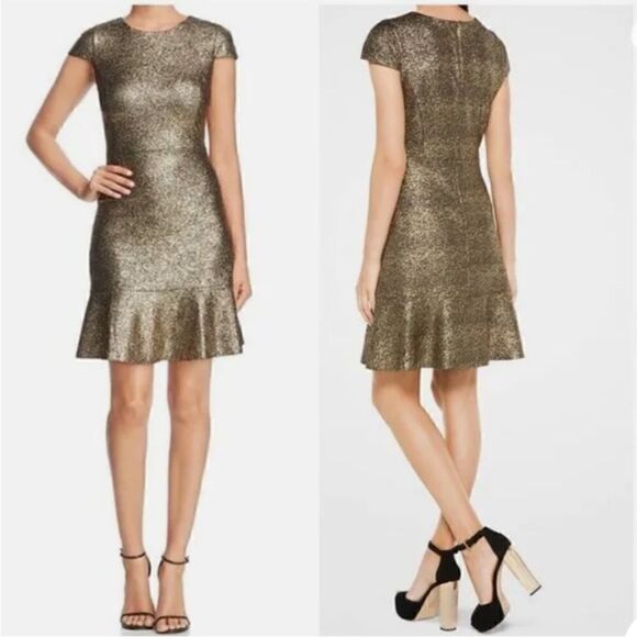 Michael Kors Gold Foil Cap Sleeve Flounce Cocktail Dress, Size M, NWT - Picture 3 of 12
